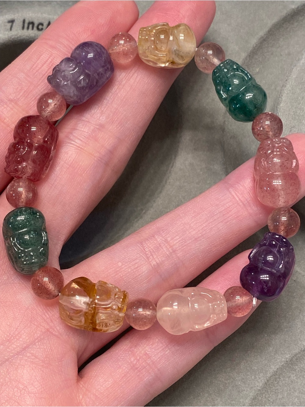 Duobao Pixiu Crystal Bracelet Amethyst Rose Quartz Strawberry Quartz 7in